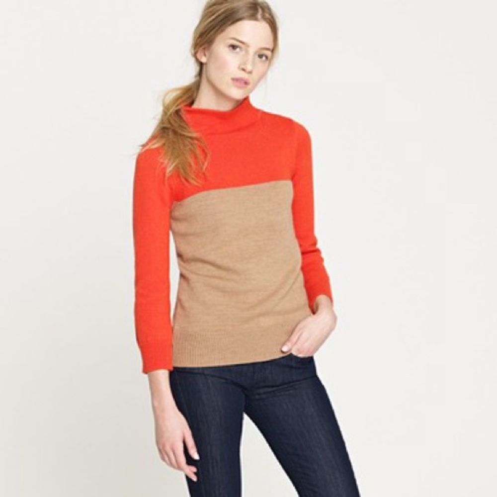 J. Crew Colorblock Mockneck Merino Wool Blend Sweater in Tan and Orange Sz M